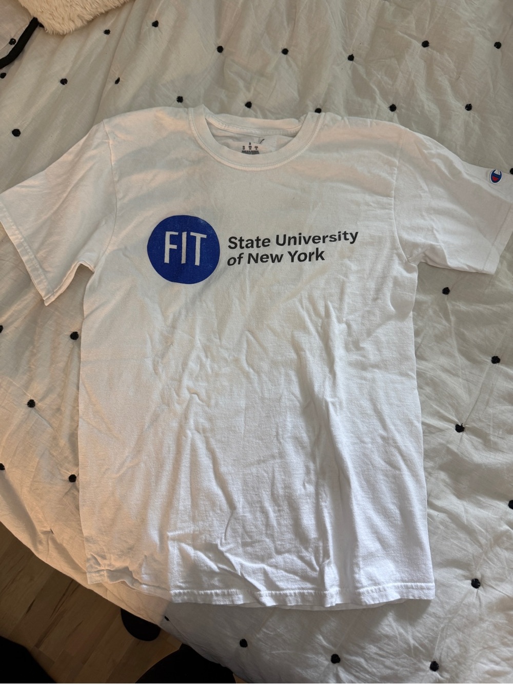 Champion White T-Shirt with Blue FIT State University of New York Logo